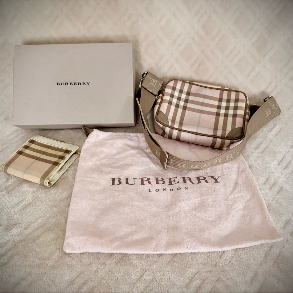 Small Burberry Pink, Beige and Brown Plaid Bag and Wallet Set